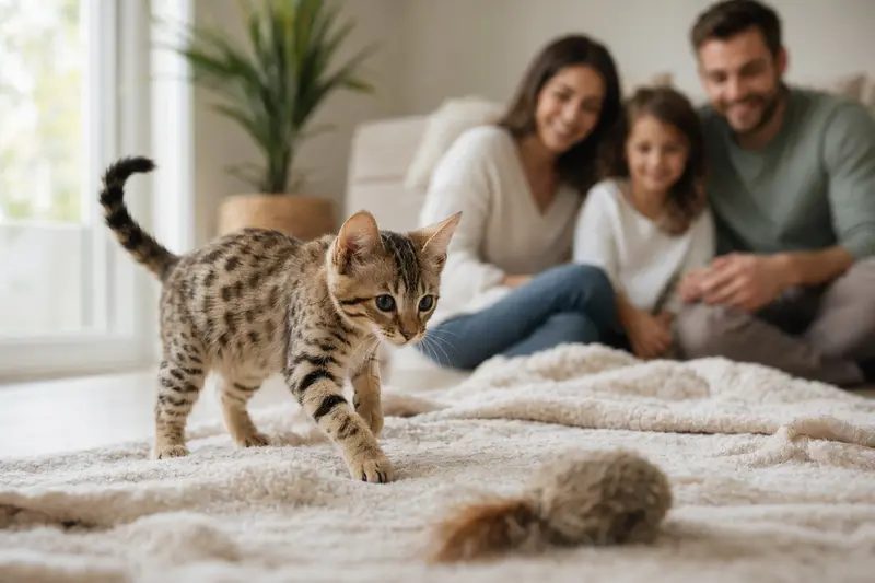 Ein neugieriges Serengeti Kätzchen erkundet sein neues Zuhause auf einer weichen Decke.