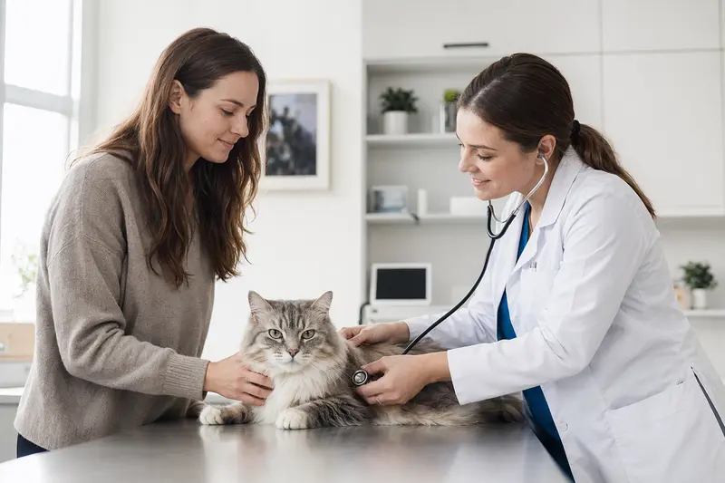 Eine ruhige Sibirische Katze wird von einer freundlichen Tierärztin mit einem Stethoskop in einer modernen Tierarztpraxis untersucht, während der Besitzer beruhigend daneben steht.