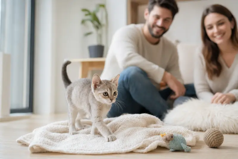 Ein neugieriges Singapura Katzen Kitten erkundet behutsam sein neues Zuhause mit einer weichen Decke und Spielzeug, während eine liebevolle Familie im Hintergrund zu sehen ist.