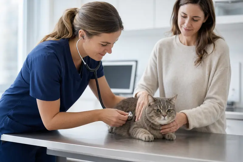 Eine ruhige Skookum Katze wird von einer freundlichen Tierärztin mit einem Stethoskop untersucht, während der Besitzer beruhigend danebensteht.