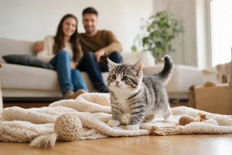 Ein neugieriges Skookum Kätzchen erkundet seine neue Umgebung mit liebevoller Familie im Hintergrund.