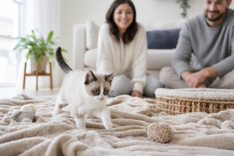Ein neugieriges Snowshoe Katzen Kitten erkundet seine neue Umgebung mit weicher Decke und Spielzeug, während eine liebevolle Familie im Hintergrund zu sehen ist.