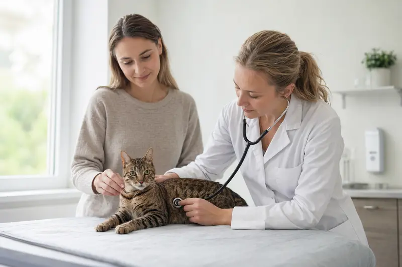 Eine ruhige Sokoke Katze wird von einer freundlichen Tierärztin auf einem Untersuchungstisch in einer modernen Tierarztpraxis behutsam mit einem Stethoskop untersucht, während der Besitzer beruhigend danebensteht.
