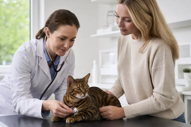 Eine ruhige Toyger Katze wird von einer freundlichen Tierärztin mit einem Stethoskop in einer modernen Tierarztpraxis untersucht.
