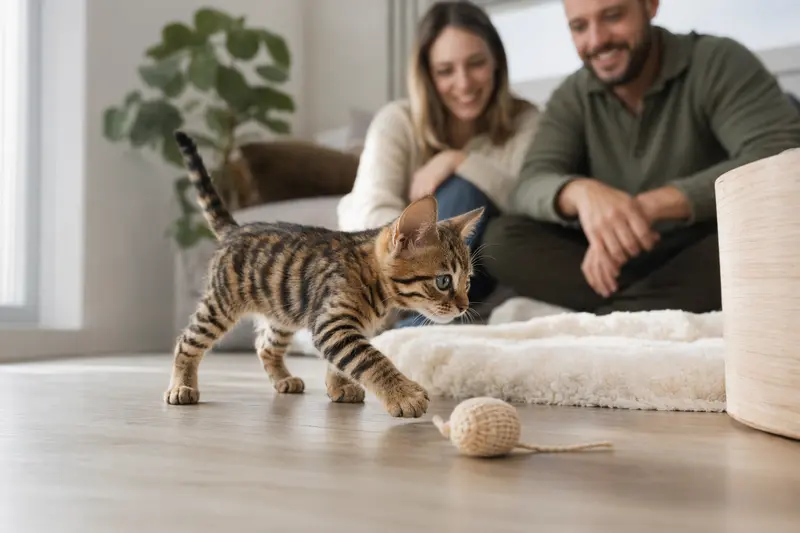 Ein neugieriges Toyger Katzen Kitten entdeckt sein neues Zuhause mit einer weichen Decke und Spielzeug, während eine liebevolle Familie im Hintergrund zu sehen ist.