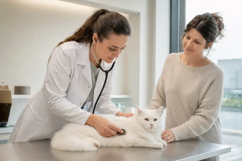 Ruhige Türkisch Angora Katze auf Untersuchungstisch, während eine freundliche Tierärztin mit Stethoskop behutsam untersucht.