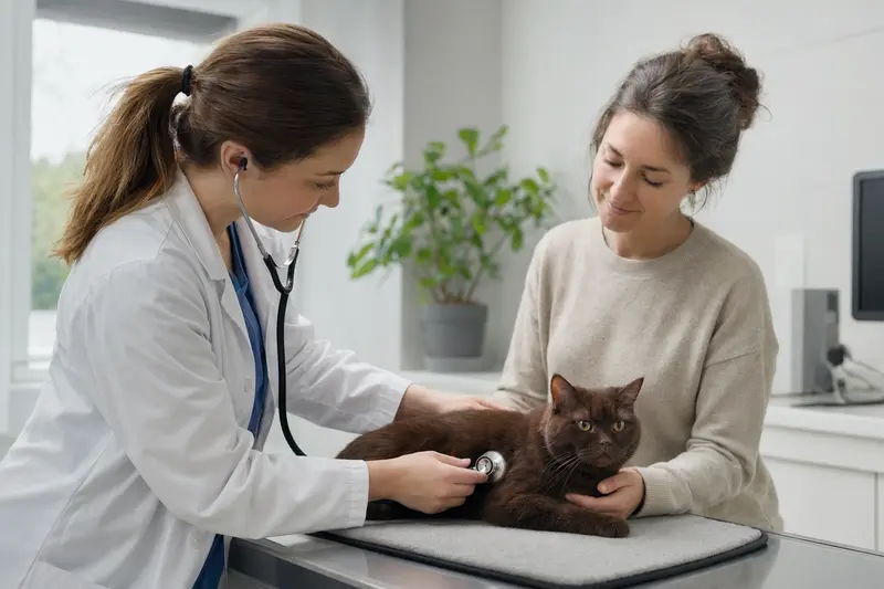 Eine ruhige York Chocolate Katze wird von einer freundlichen Tierärztin mit einem Stethoskop in einer modernen Tierarztpraxis untersucht, während der Besitzer beruhigend danebensteht.
